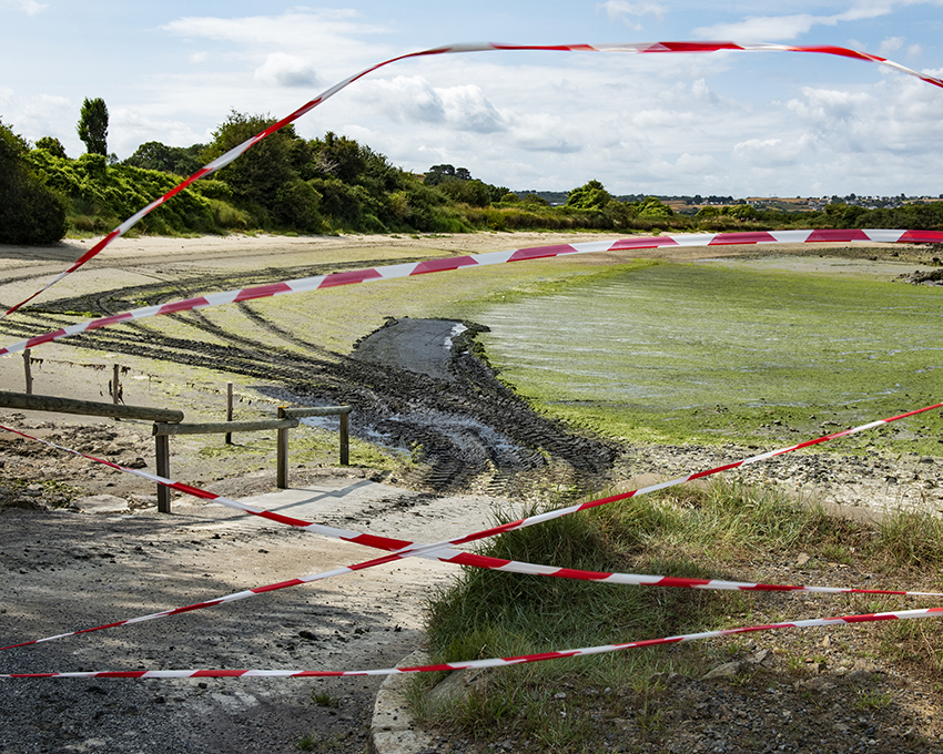France, Bretagne, Côtes d’Armor, Hillion, Juillet 2023, Algues vertes en baie de Saint-Brieuc, Plage de l’Hôtellerie fermée pour cause d’émanations de gaz H2S (hydrogène sulfuré) et impossibilité technique de ramassage des algues (rochers ou vasière)